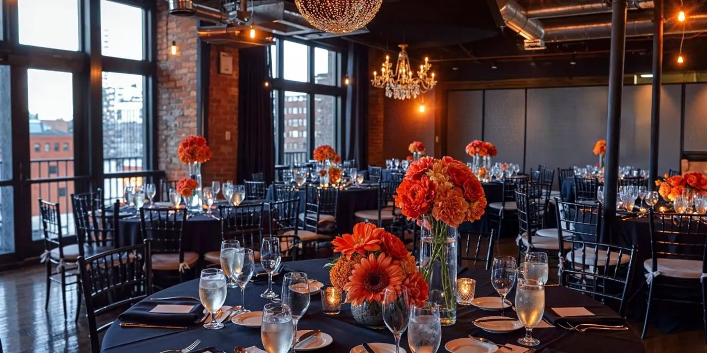 A dining room laid for service.